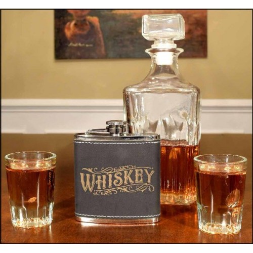 Whiskey 6oz Black Leather Flask Non Personalized